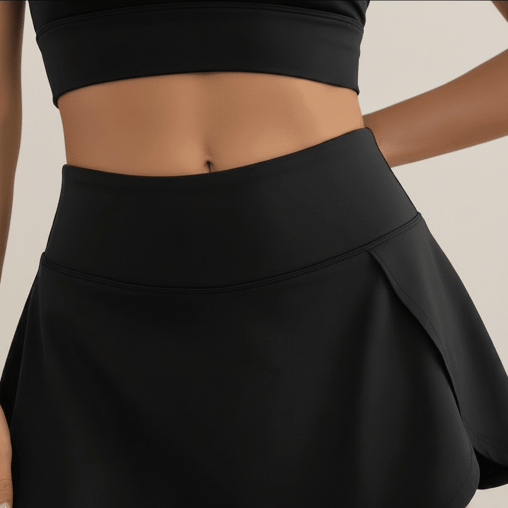 Jupe short sport femme noir – zoom ceinture taille haute, tissu gainant fluide