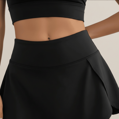 Jupe short sport femme noir – zoom ceinture taille haute, tissu gainant fluide