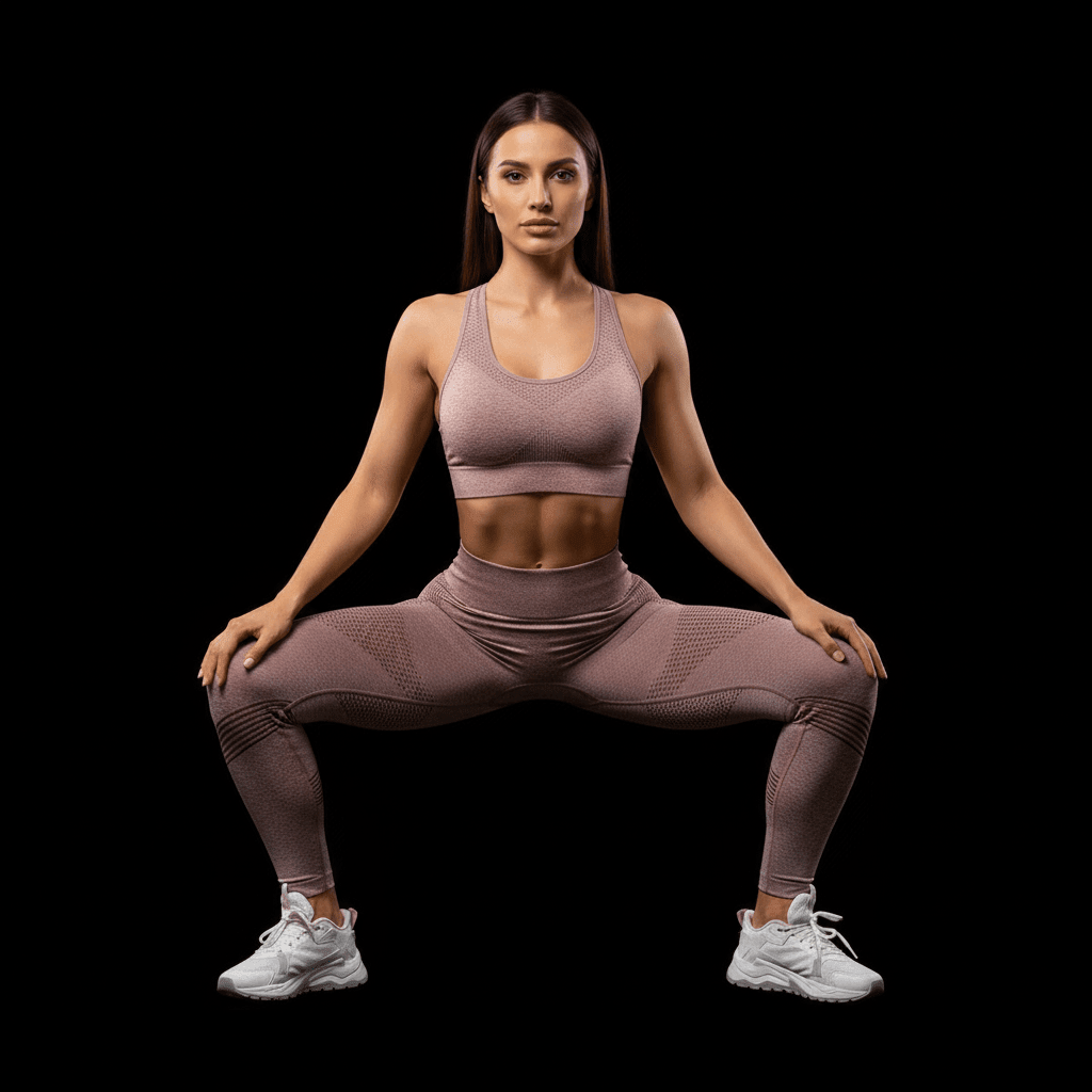 Legging 3 d anti cellulite rose en squat vue de face avec visage visible