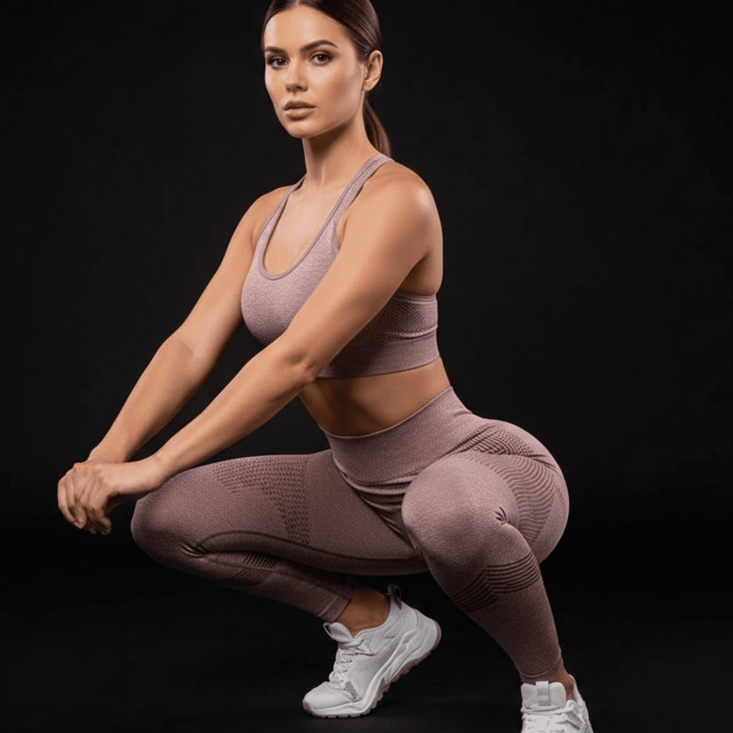 Legging 3 d anti cellulite en pose squat face caméra avec effet sculptant