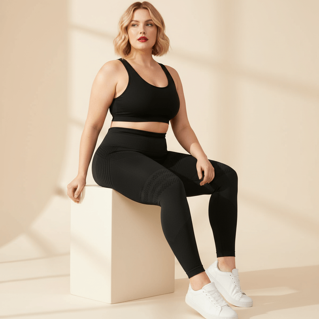 Legging 3D anti-cellulite grande taille porté assise, confort seconde peau, femme ronde, studio crème