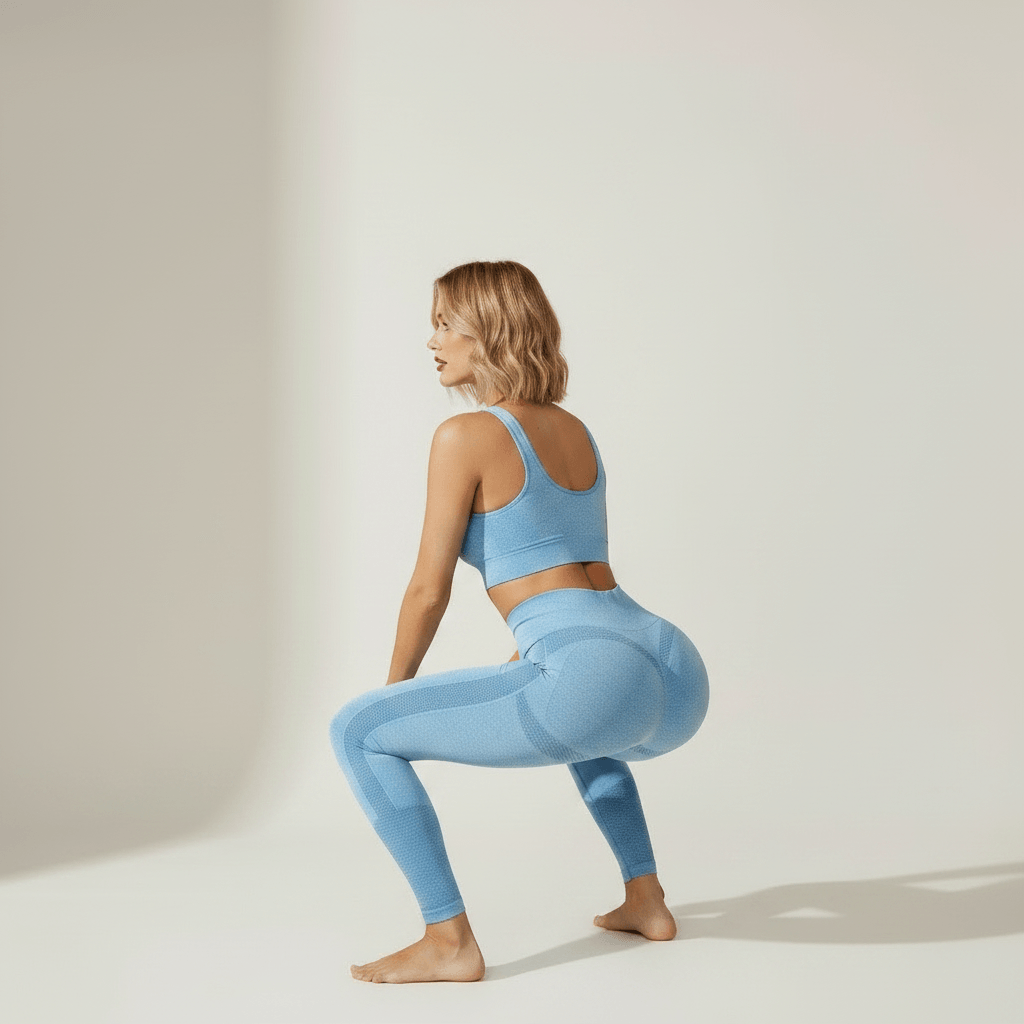 Legging Amincissant Anti-Cellulite 3D bleu ciel, squat profond vue de dos, studio ivoire/crème doux, femme blonde 39 ans