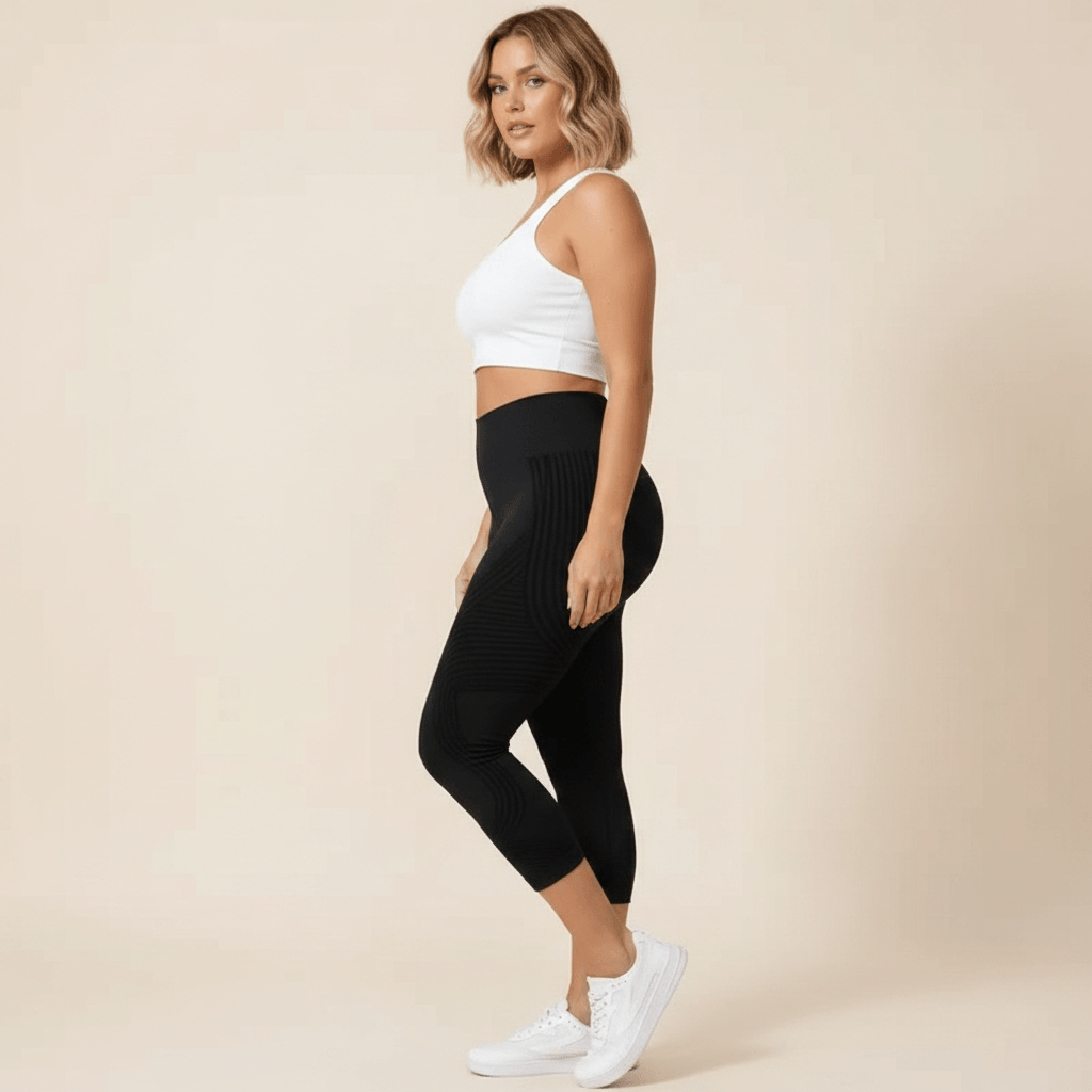Legging Anti-Cellulite Capri 3/4 noir, vue de profil, coupe capri 3/4