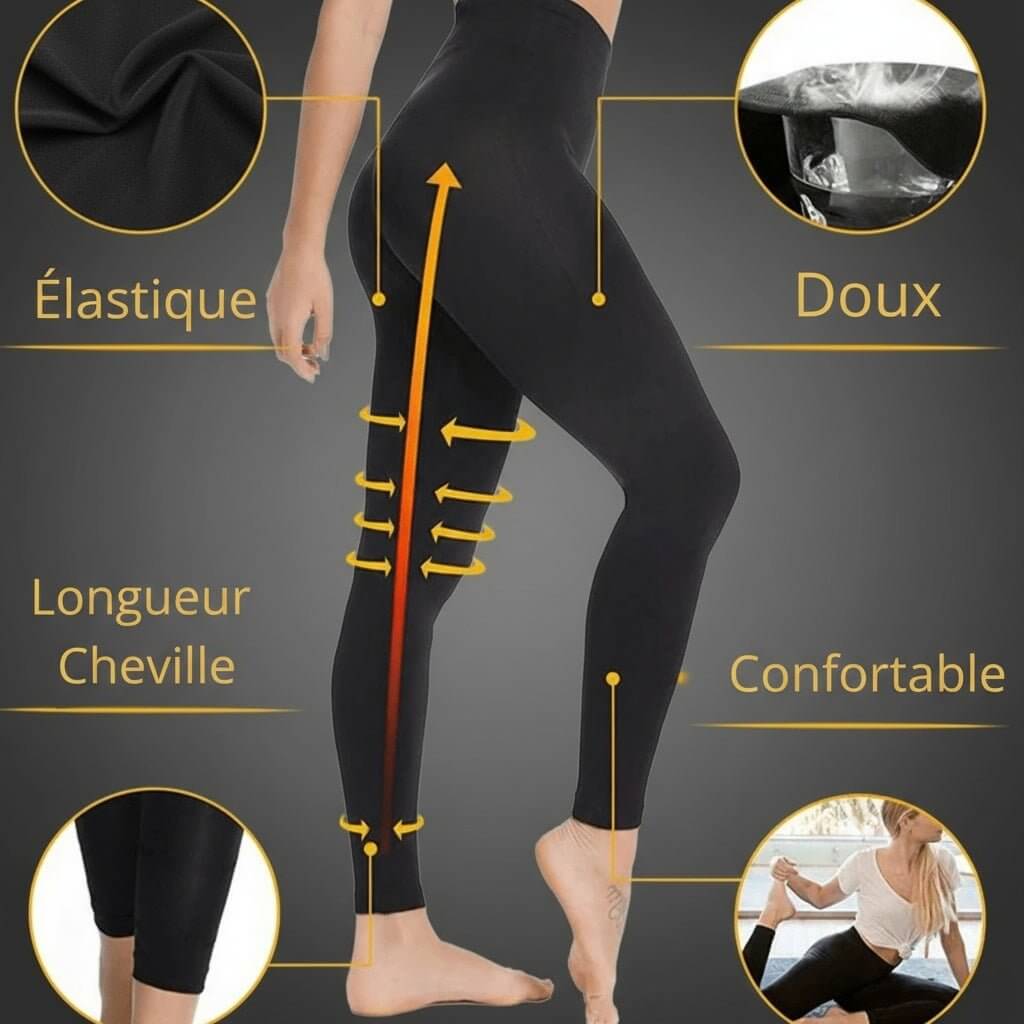 Infographie legging anti cellulite : caractéristiques élastique, doux, longueur cheville, confortable avec zooms détails