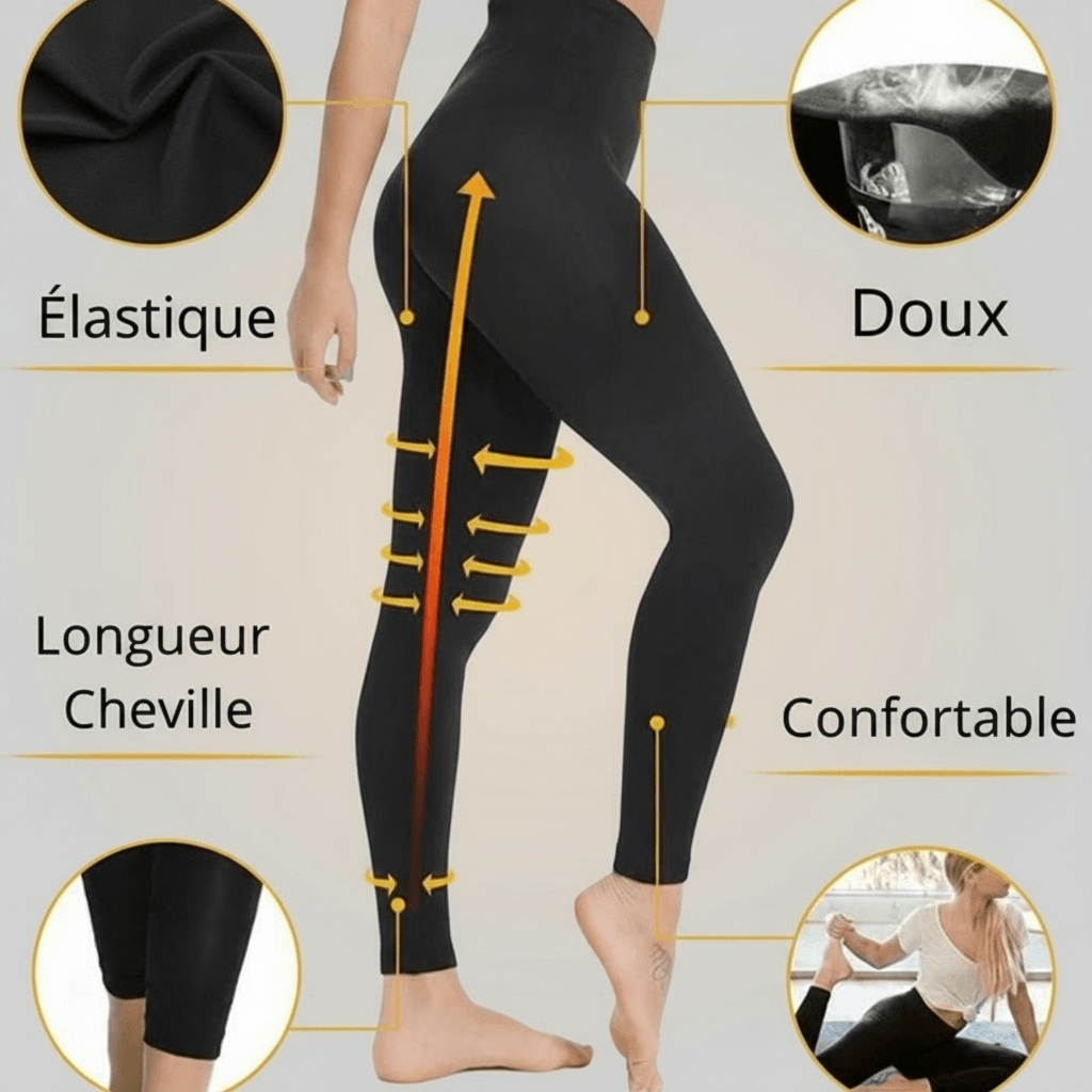 Infographie legging anti cellulite : caractéristiques élastique, doux, longueur cheville, confortable avec zooms détails sur un fond ivory gray