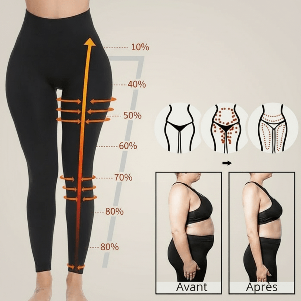 Infographie legging anti cellulite : zones de compression (10% à 80%), résultats anti cellulite et galbe fessier avant/après sur un fond ivory gray
