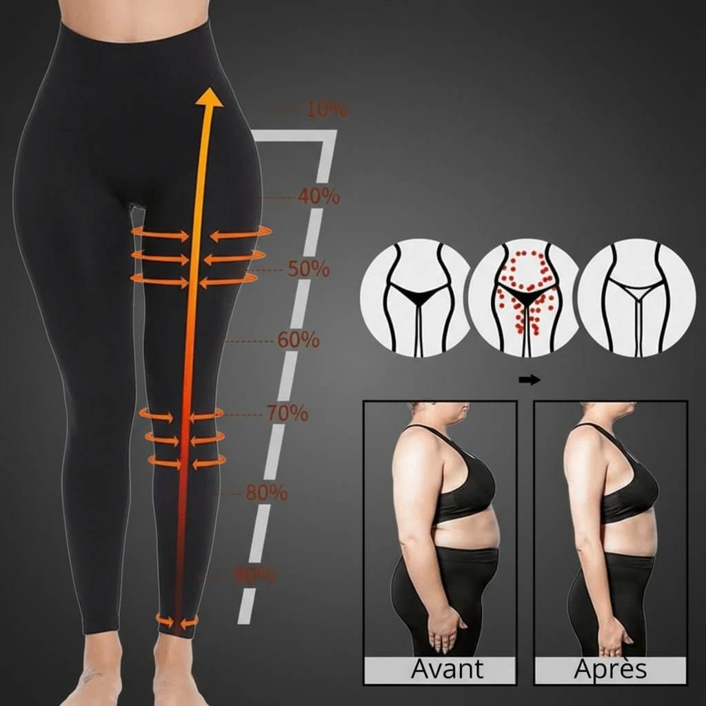 Infographie legging anti cellulite : zones de compression (10% à 80%), résultats anti cellulite et galbe fessier avant/après