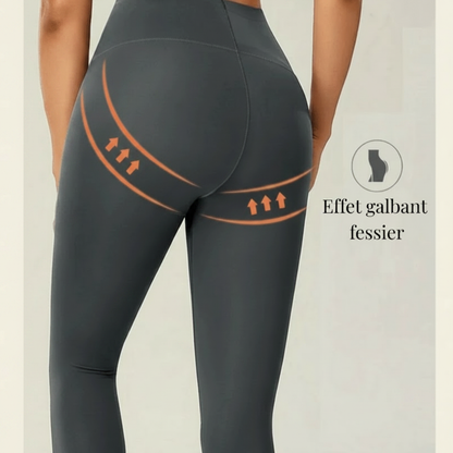 Infographie legging anti cellulite : effet galbant fessier avec flèches de maintien, fond ivory.
