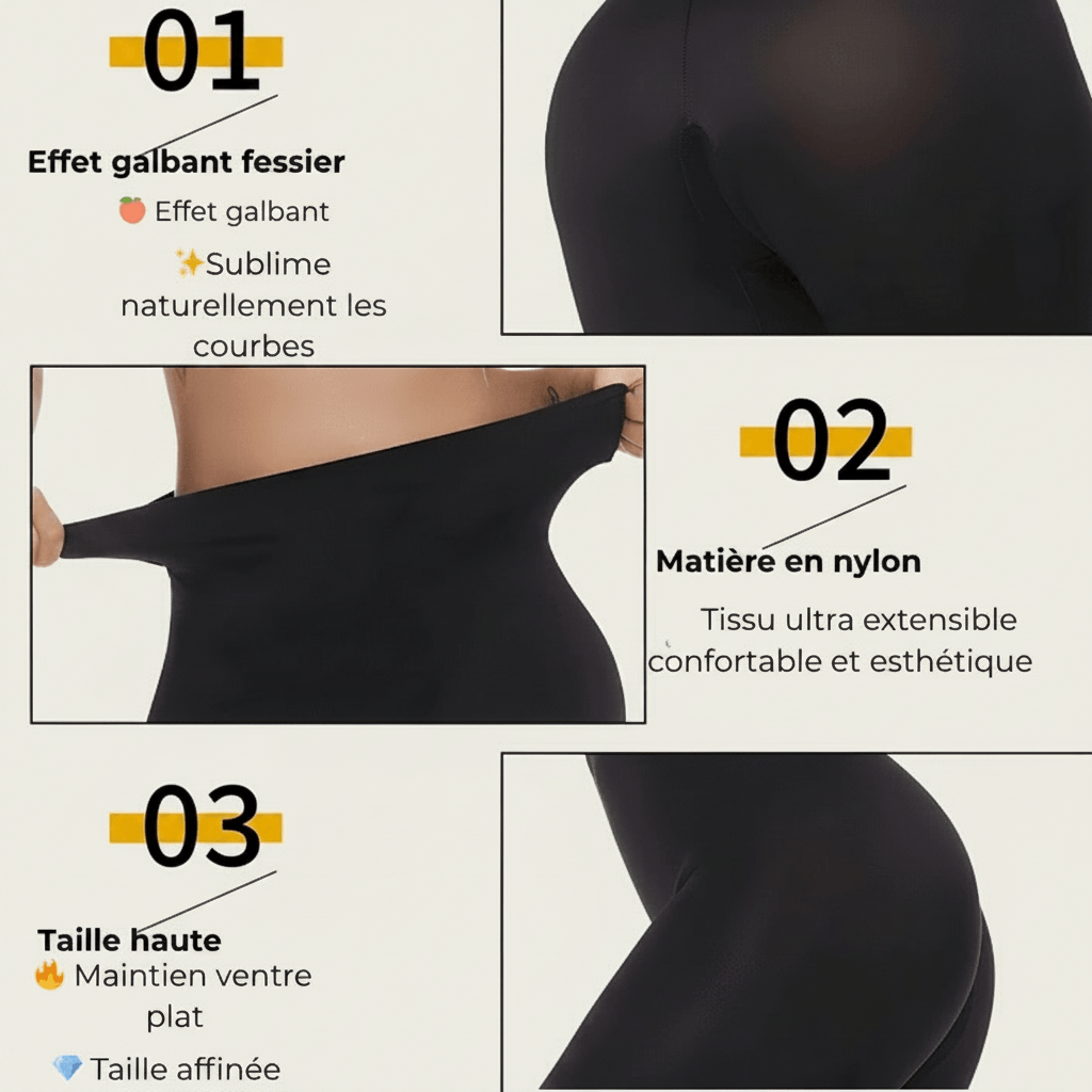Infographie legging anti cellulite : effet galbant fessier, matière en nylon extensible, taille haute gainante sur un fond ivory gray