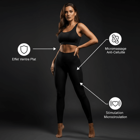 Infographie legging anti cellulite : effet ventre plat, micromassage anti cellulite, stimulation microcirculation avec femme lifestyle