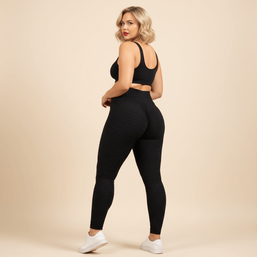 Legging Anti-Cellulite Efficace Grande Taille noir, vue dos, pose debout regard par-dessus l’épaule, studio ivoire, femme morphologie 60+