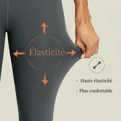 Infographie legging anti cellulite : élasticité du tissu, haute élasticité et plus confortable, fond ivory.