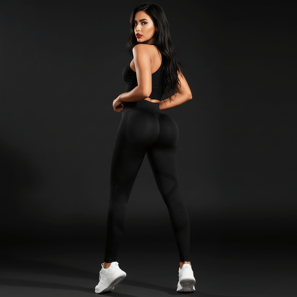 Legging de compression noir tendance avec maintien sculptant, porté par une femme debout en pose side, chaussures blanches, fond sombre. Bloque de texte: FitSculpt Positiflow.