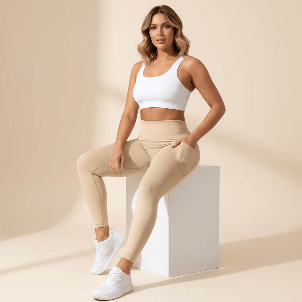 Legging Anti-Cellulite Gainant Push-Up avec Poches nude, pose assise sur cube, vue 3-4