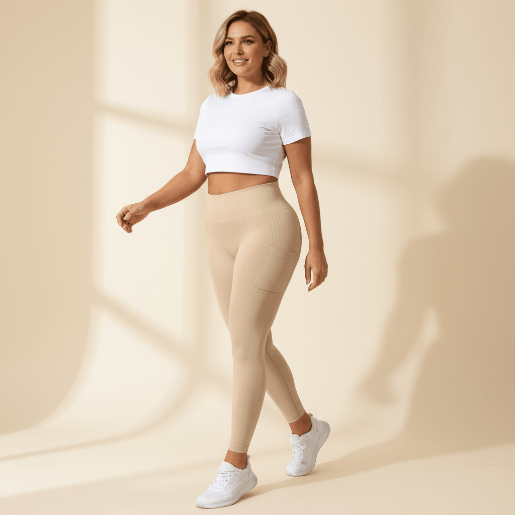 Legging Anti-Cellulite Gainant Push-Up avec Poches nude, marche dynamique, vue 3-4 face
