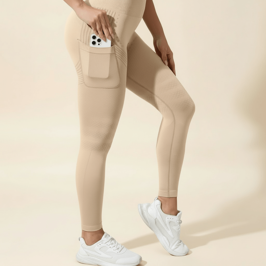 Legging Anti-Cellulite Gainant Push-Up avec Poches nude/beige, zoom sur la poche latérale avec téléphone, texture sculptante et couture précise, studio ivoire doux