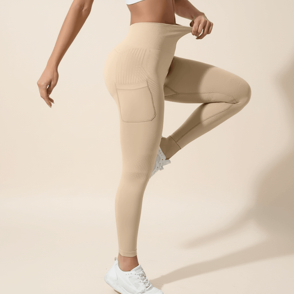  Legging Anti-Cellulite Gainant Push-Up avec Poches nude, zoom macro texture, détail du tissu et du tissage