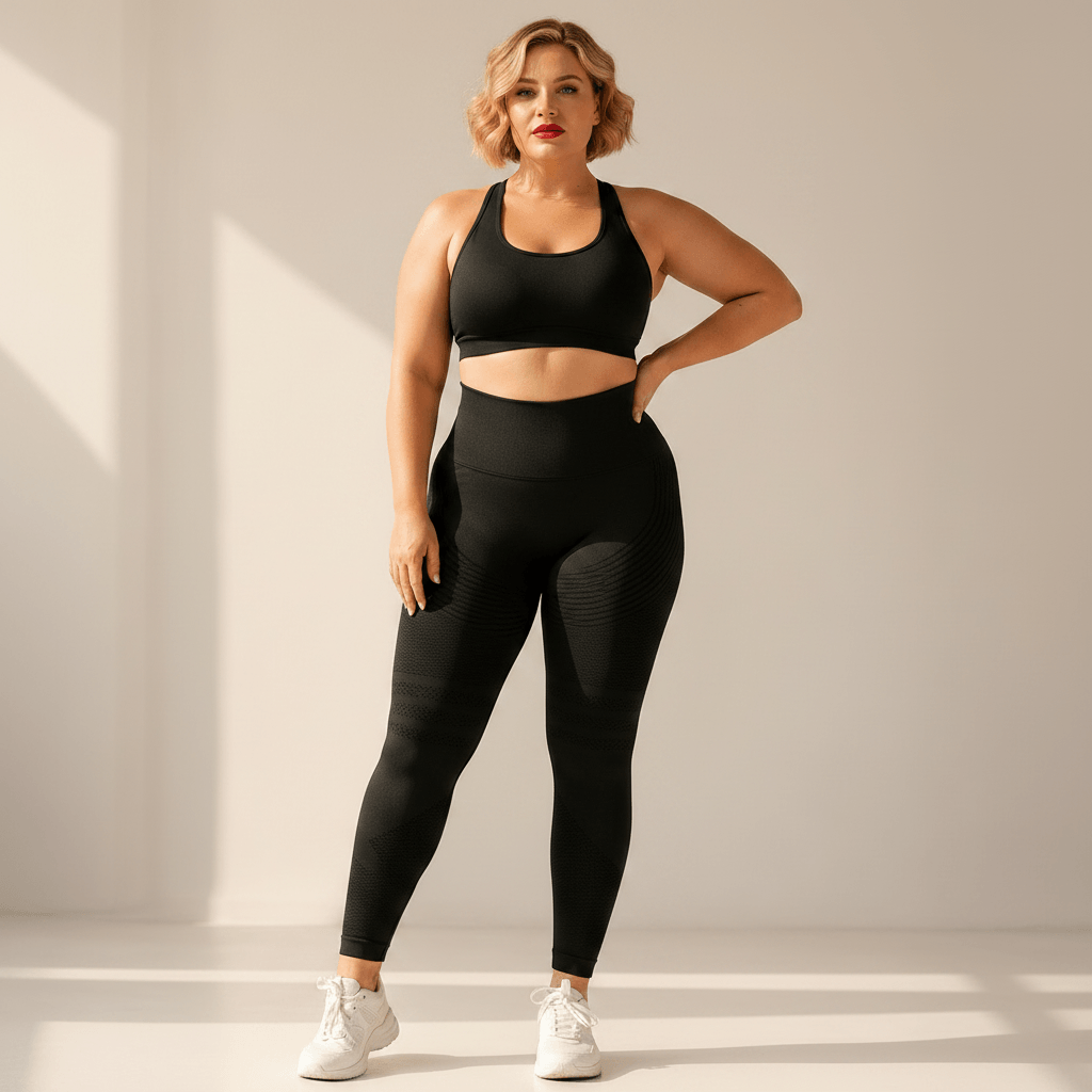  Legging anti-cellulite grande taille noir, vue de face, main sur la hanche, taille haute, studio ivoire crème, femme très grande taille.