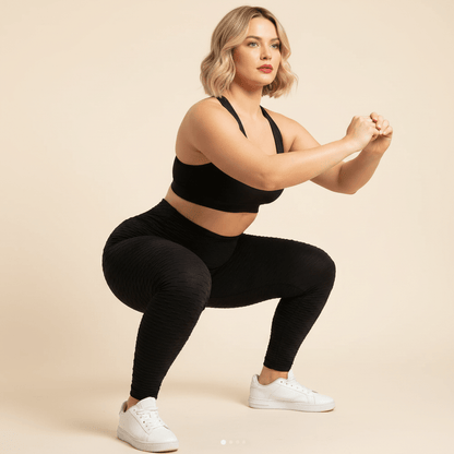 Legging anti-cellulite grande taille en squat, maille texturée opaque squat-proof, femme ronde, studio ivoire