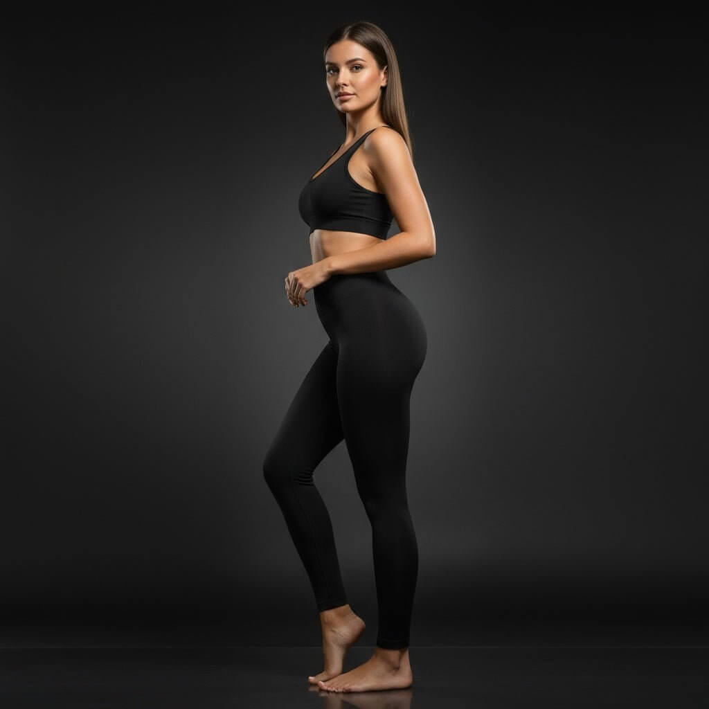 Vue de profil d’une femme portant un legging anti cellulite noir, photo lifestyle studio sombre