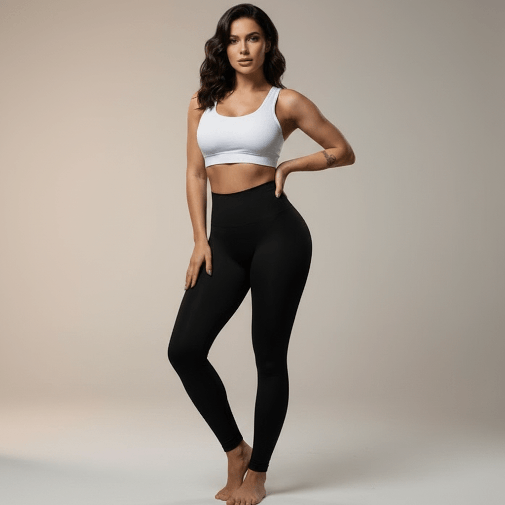 Femme portant un legging anti cellulite noir taille haute, photo lifestyle en studio minimaliste ivory gray
