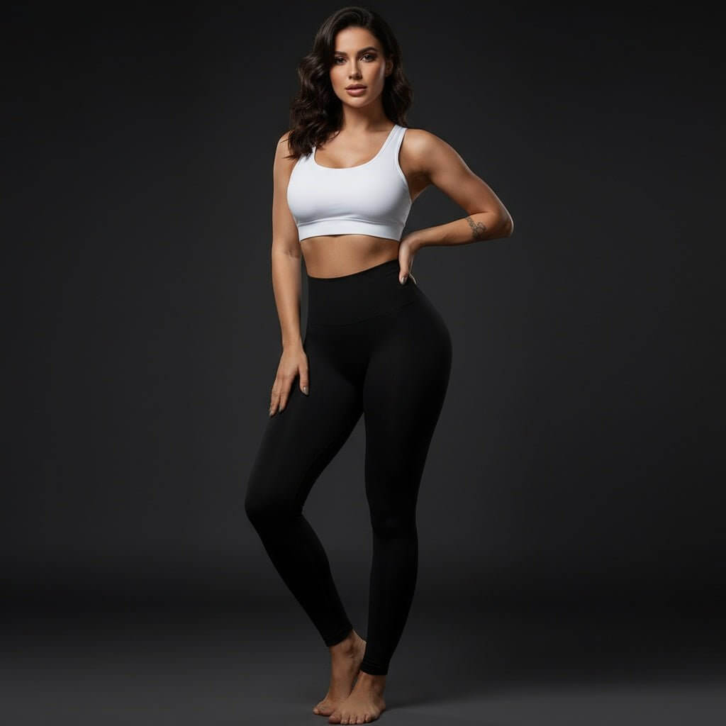 Femme portant un legging anti cellulite noir taille haute, photo lifestyle en studio sombre