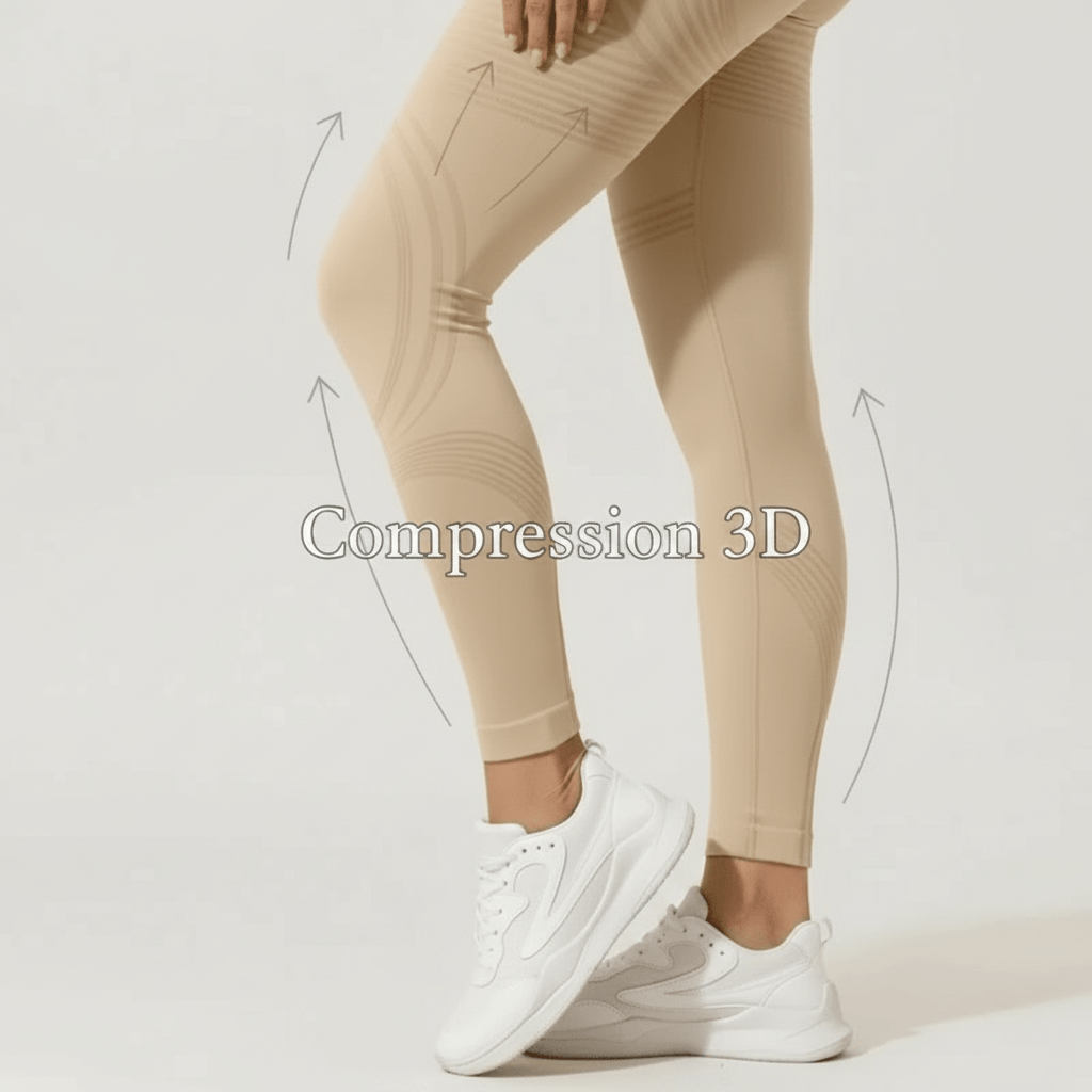Infographie legging anti cellulite nude : compression 3D avec flèches de maintien, studio ivory gray