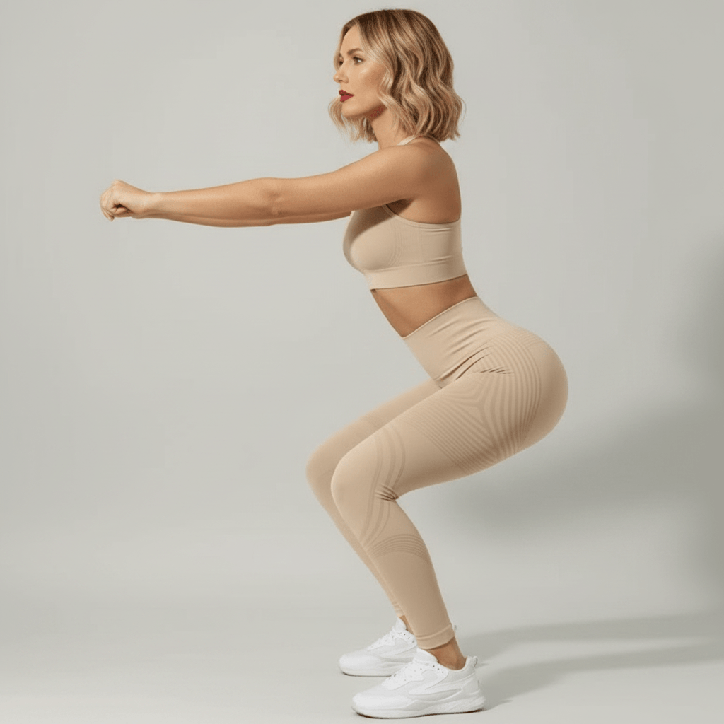 Legging anti cellulite nude en squat de profil, maintien et confort, studio ivory gray, femme blonde.
