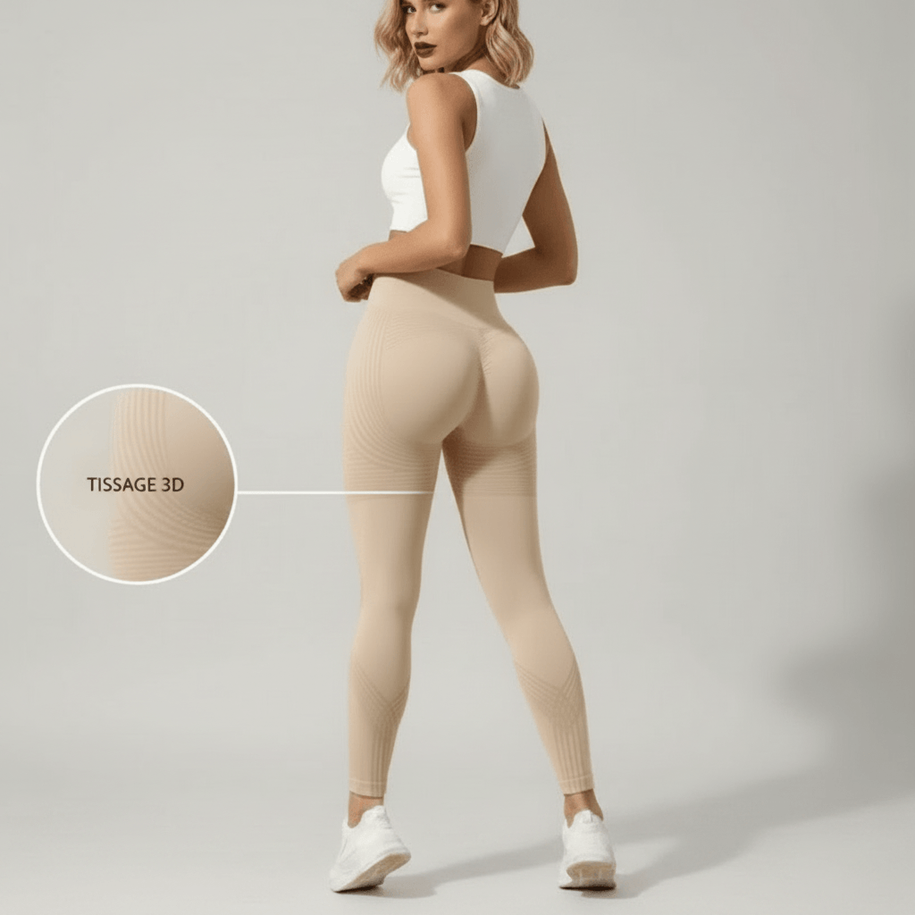 Infographie legging anti cellulite nude : tissage 3D avec zoom matière, vue dos trois quarts, studio ivory gray