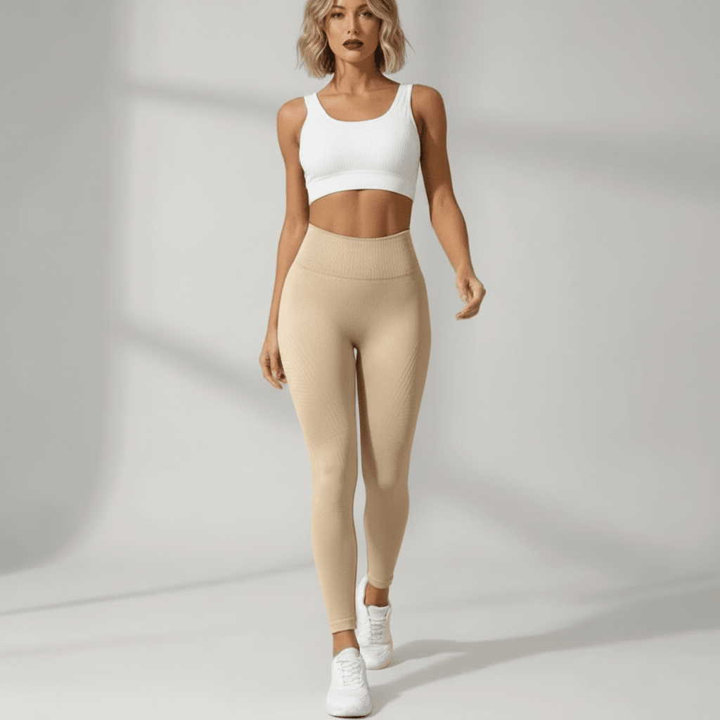 Legging anti cellulite nude vue de face, pose élégante, brassière blanche, studio ivory gray, femme blonde.