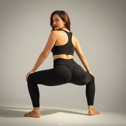 Legging anti cellulite Positiflow noir push-up, squat vue de dos, scrunch sculptant, photo studio ivory gris