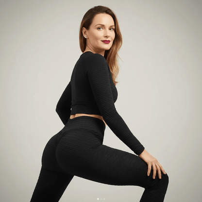 Legging anti cellulite Positiflow noir taille haute, squat 3-4 chic, texture 3D, photo éditoriale premium