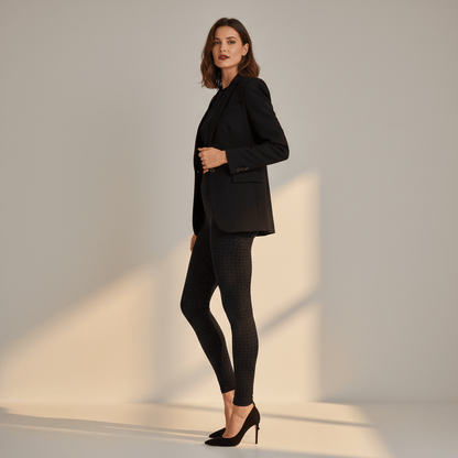 Legging anti cellulite Positiflow noir taille haute, look workinggirl avec blazer noir et escarpins, vue de profil, photo studio ivory gris