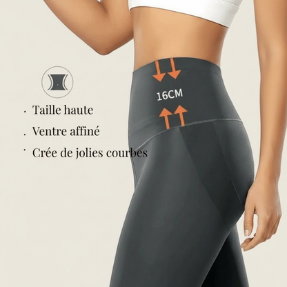 Infographie legging anti cellulite : taille haute 16 cm, ventre affiné, crée de jolies courbes, fond studio ivory.