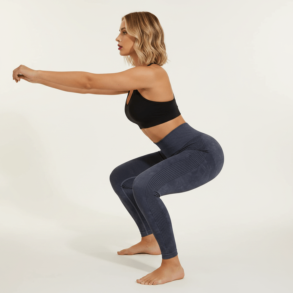 Legging Anti-Cellulite Ventre Plat 3D gris anthracite, squat profond vue de profil, studio ivoire/crème doux, femme blonde 39 ans