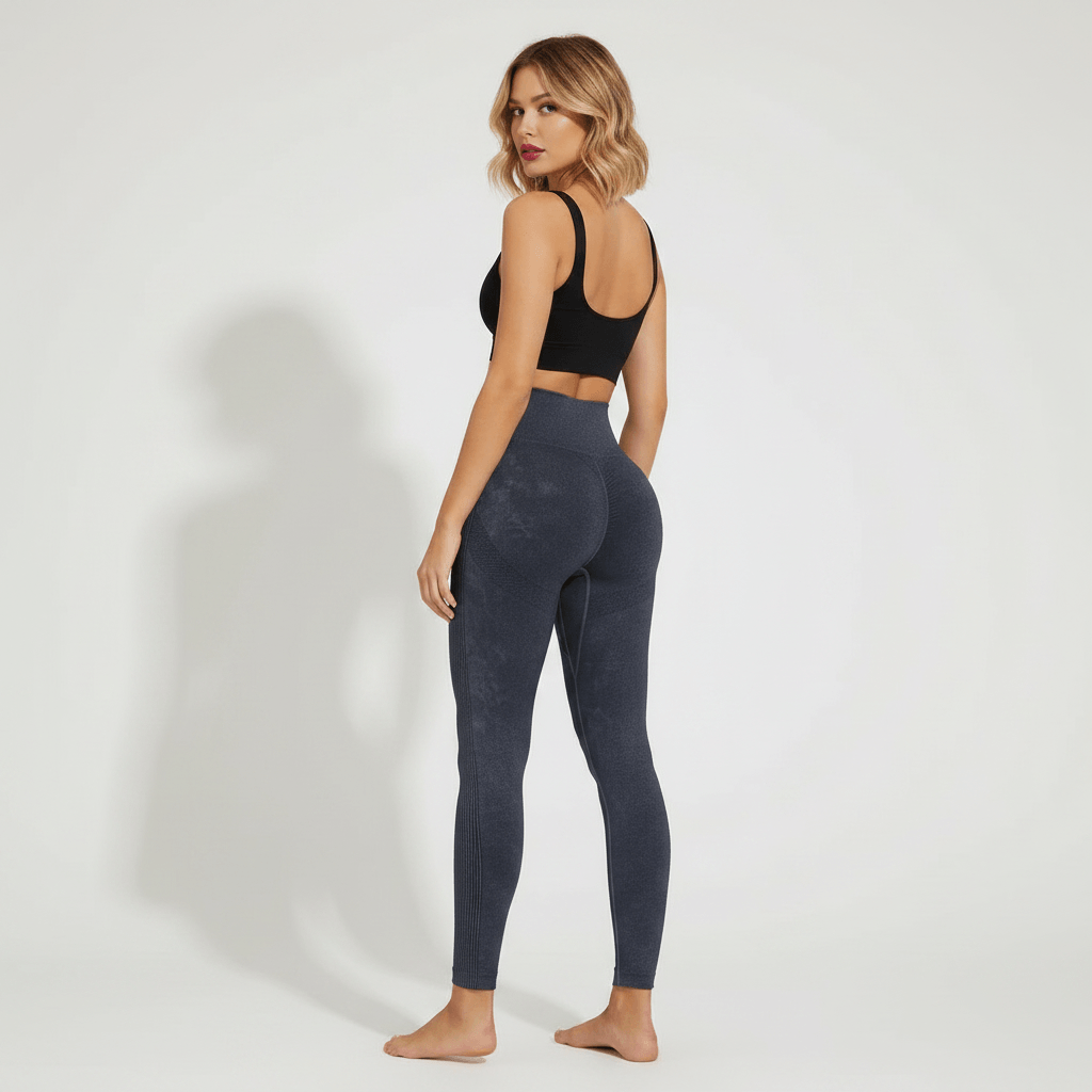 Legging Anti-Cellulite Ventre Plat 3D gris anthracite, vue de dos, regard par-dessus l’épaule, studio ivoire/crème doux, femme blonde 39 ans