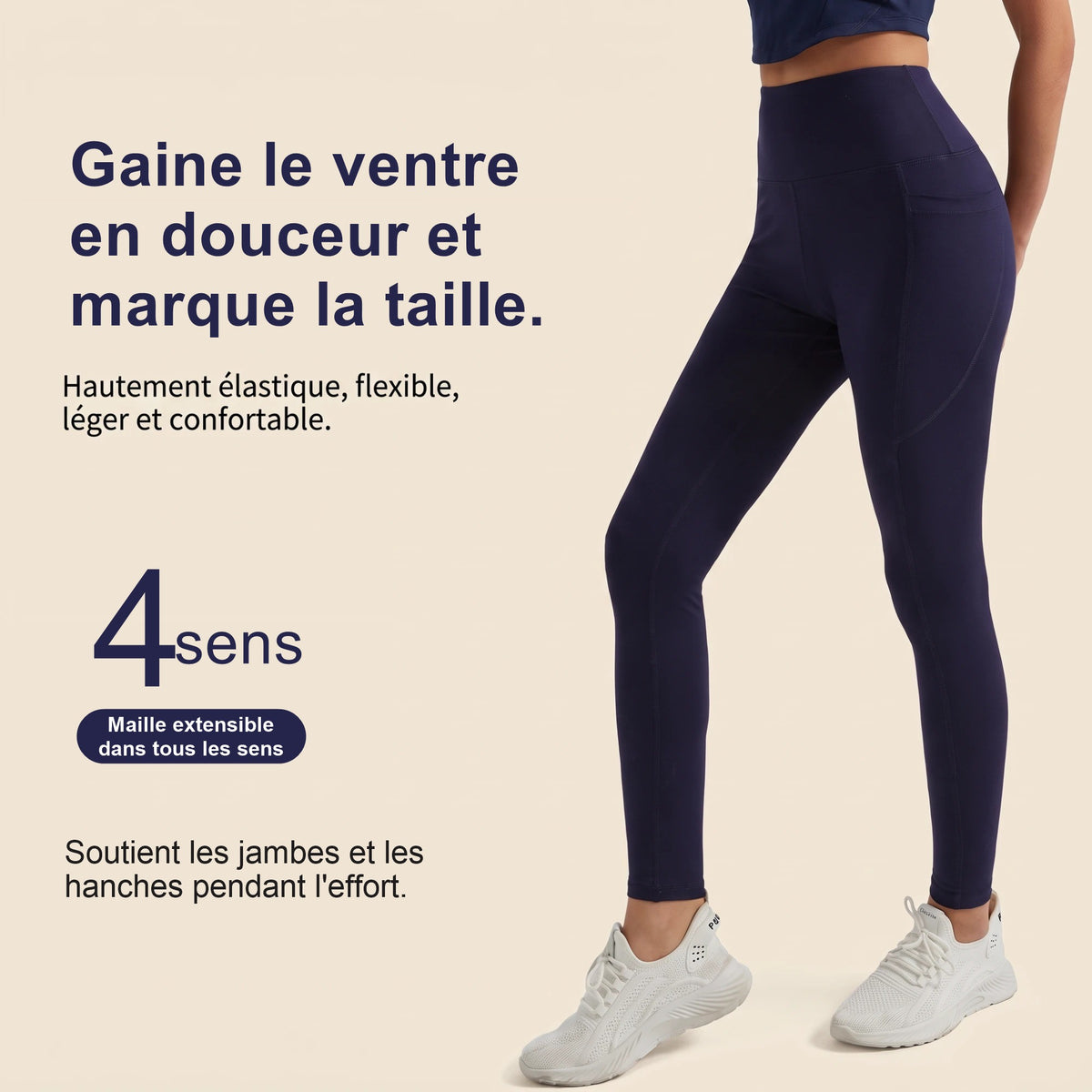 Legging gainant avec poches marine : taille haute qui gaine le ventre en douceur et soutient les jambes
