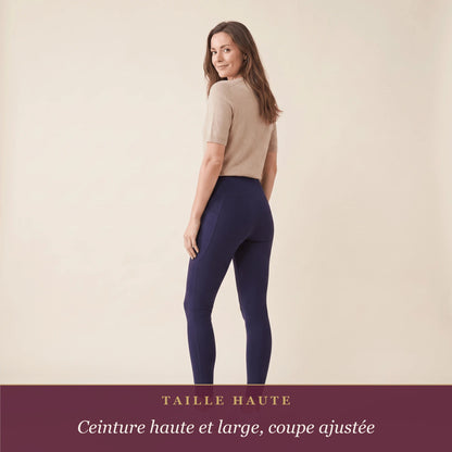 Legging avec poches marine vu de dos, ceinture haute et poche latérale