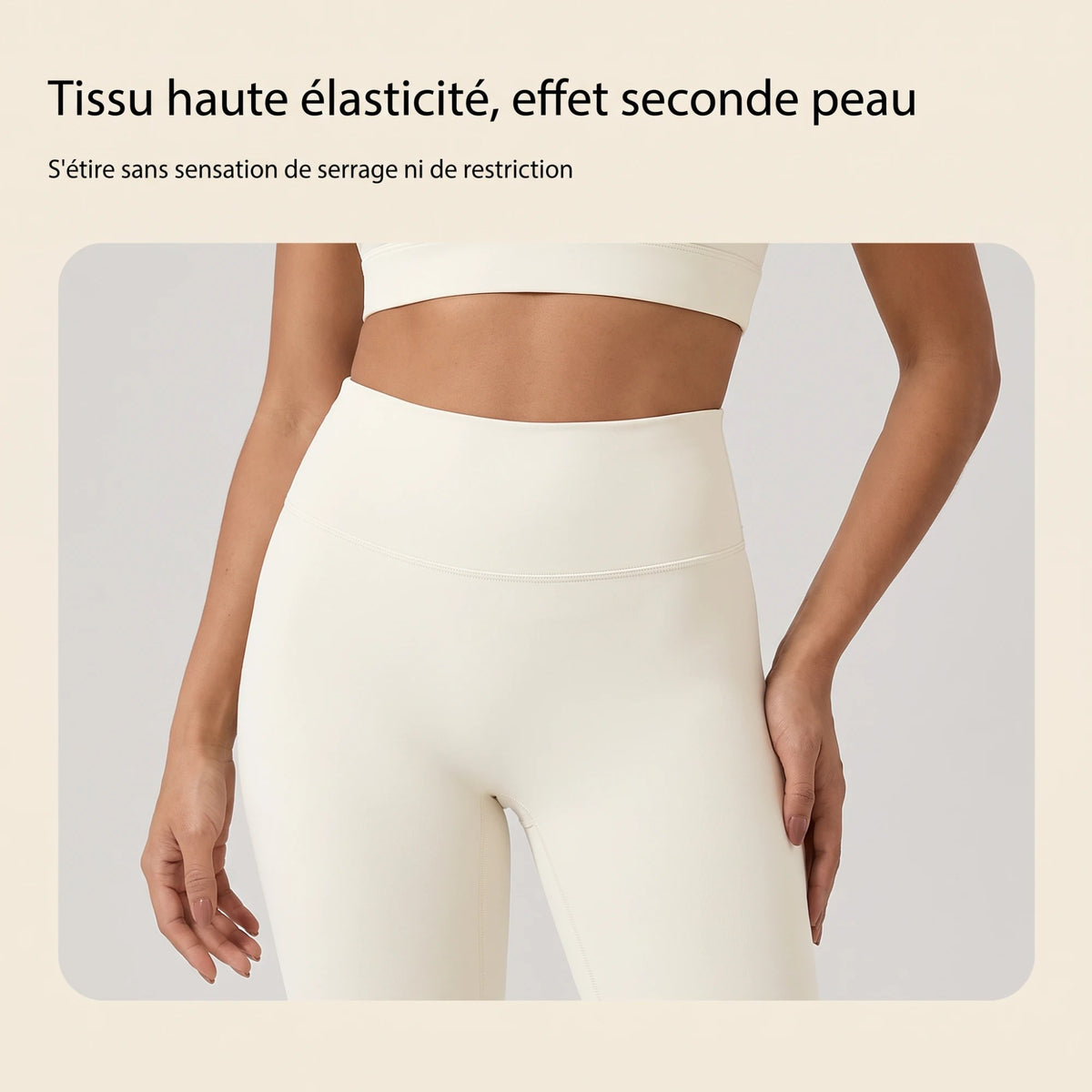 Détail du tissu haute élasticité du legging blanc court : effet seconde peau, s'étire sans serrer, séchage rapide