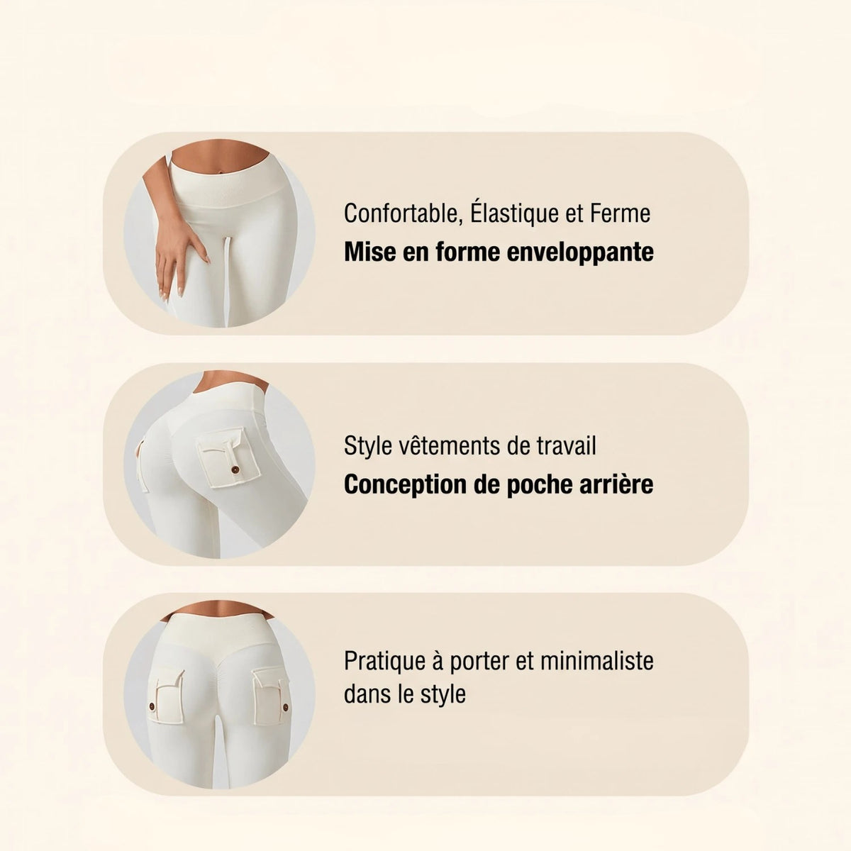 Trois vignettes du legging blanc cargo : mise en forme enveloppante, conception de poche arrière style vêtements de travail et style pratique et minimaliste