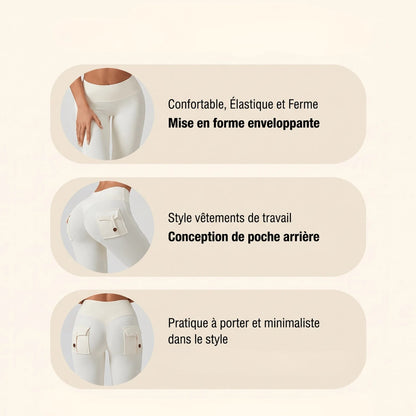 Trois vignettes du legging blanc cargo : mise en forme enveloppante, conception de poche arrière style vêtements de travail et style pratique et minimaliste