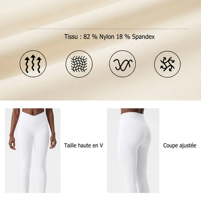 Détails du tissu respirant et extensible, de la taille haute en V et de la coupe ajustée du legging blanc