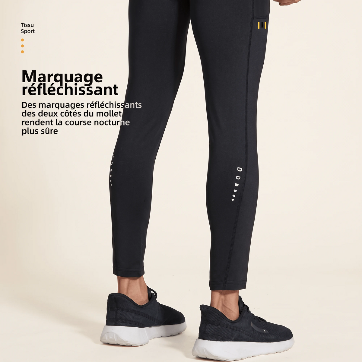 Marquage réfléchissant sur les mollets du legging compression sport femme noir pour courir de nuit