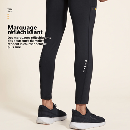 Marquage réfléchissant sur les mollets du legging compression sport femme noir pour courir de nuit