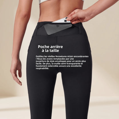 Poche arrière à la taille du legging de compression sport femme noir, ouverture style enveloppe