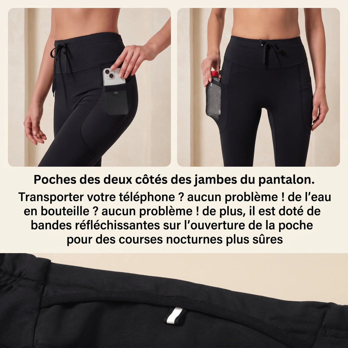 Poches latérales du legging compression sport femme : téléphone et gourde, bandes réfléchissantes