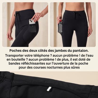 Poches latérales du legging compression sport femme : téléphone et gourde, bandes réfléchissantes