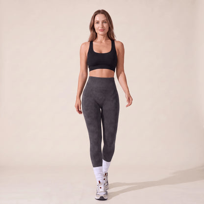 Legging côtelé femme gris foncé taille haute, vue de face, pieds joints