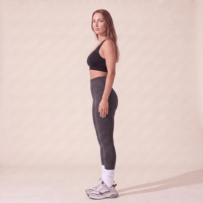 Legging côtelé femme gris foncé vu de profil, ceinture taille haute