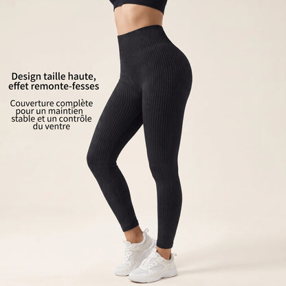 Legging côtelé noir taille haute, effet remonte-fesses et maintien du ventre